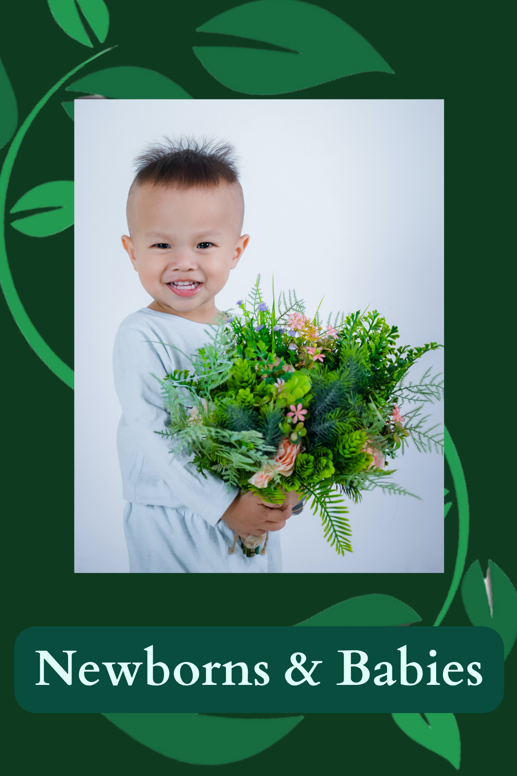 A toddler holding a bouquet of fern fronds and flowers