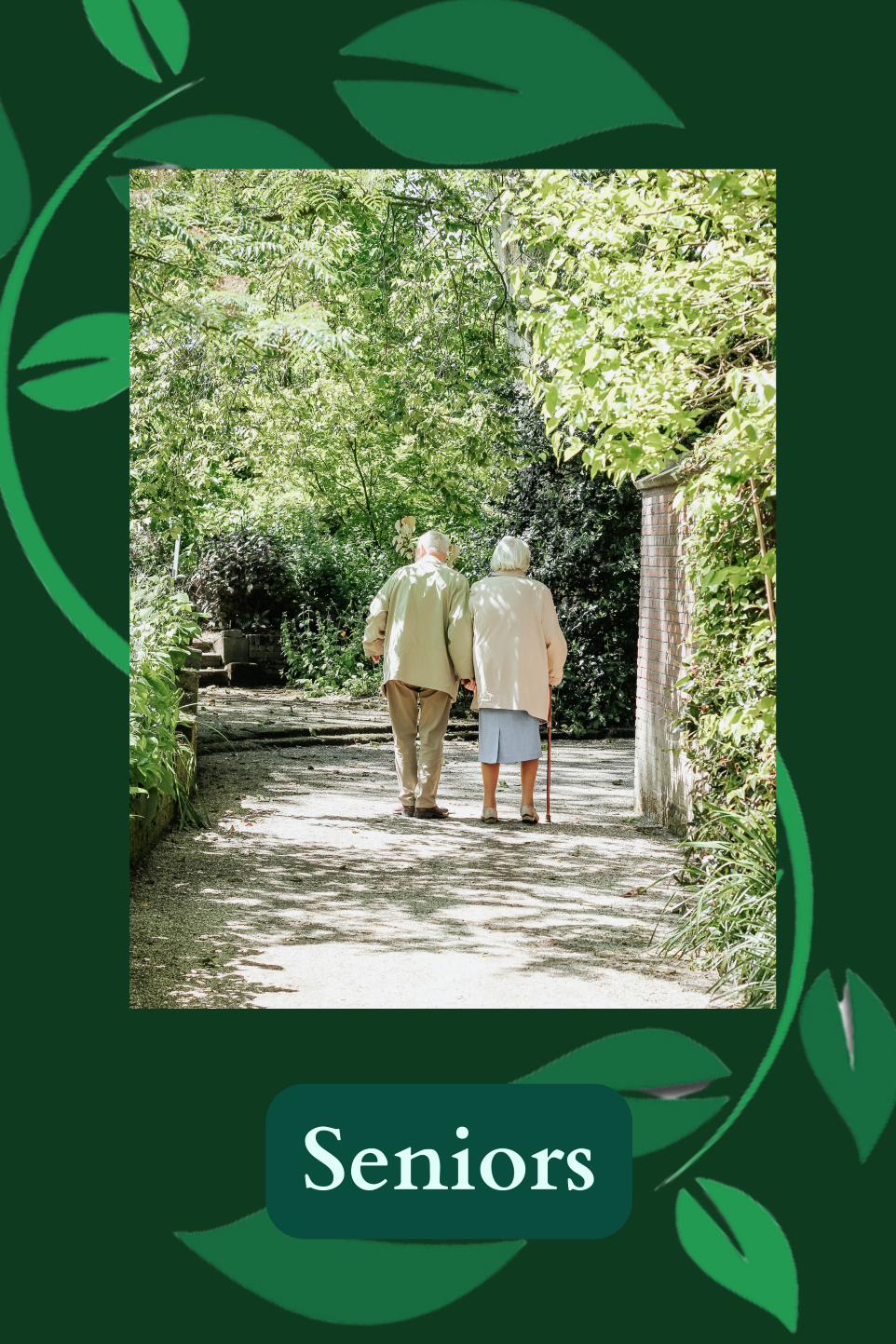 A male and female elderly couple, backs turned walking away into a forest